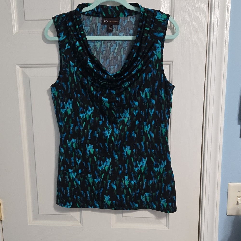 Dana Buchman Black and Teal Patterned Tank Top